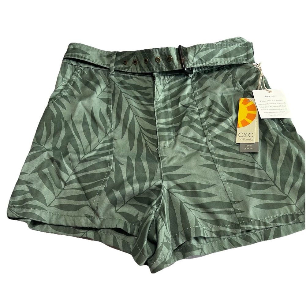 C&C California Womens Green Tropical Leaf Print Lyocell Belted Shorts Size Large
